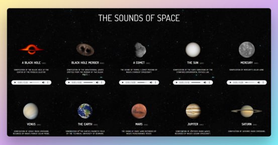 #天文 #声音THE SOUNDS OF SPACE太空之声，将宇宙中星体的磁场或电磁波声音化，也有人类探测器探测到的星球的风声，一颗陨石划过的声音