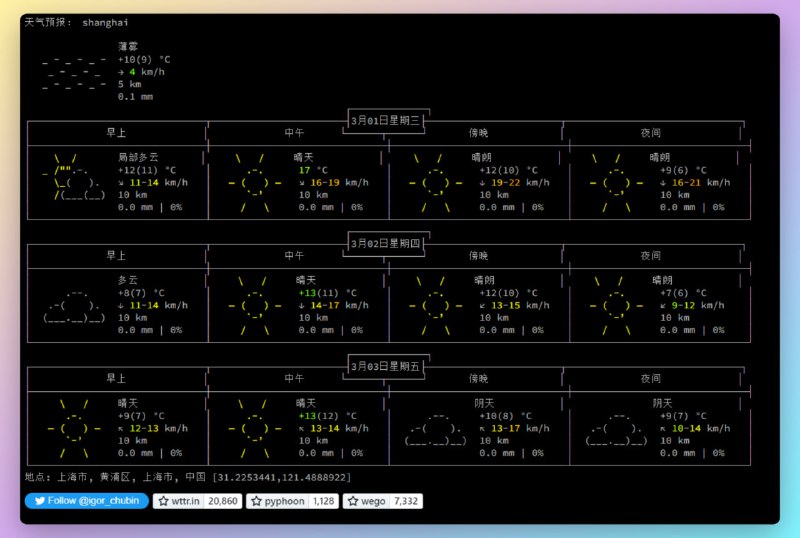 #天气预报wttr.in （GitHub）用控制台看天气预报，只需要在链接后加上“地名”即可，如 