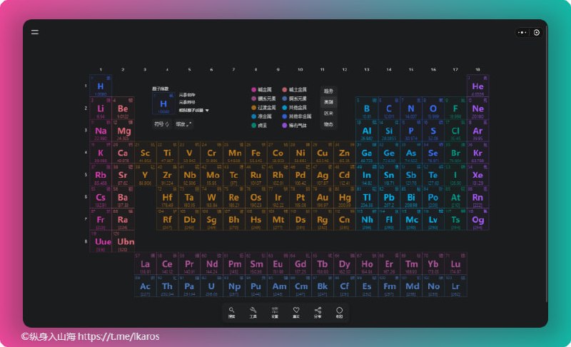 #元素 #工具 #化学元素周期表PRO （GitHub）元素周期表 Pro 是由欢洋精心打造的原创化学元素周期表工具，采用全新的设计风格，支持Web（H5）、微信小程序、QQ 小程序和支付宝小程序等多种平台，适配不同尺寸的屏幕设备